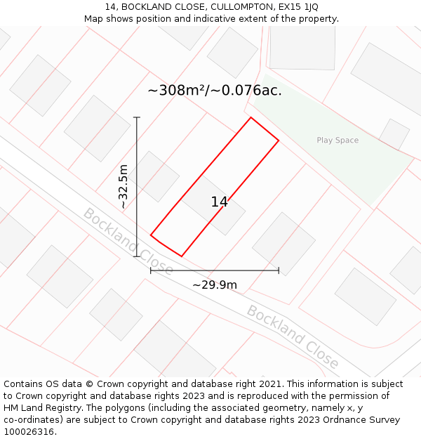 14, BOCKLAND CLOSE, CULLOMPTON, EX15 1JQ: Plot and title map