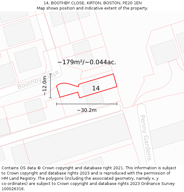 14, BOOTHBY CLOSE, KIRTON, BOSTON, PE20 1EN: Plot and title map