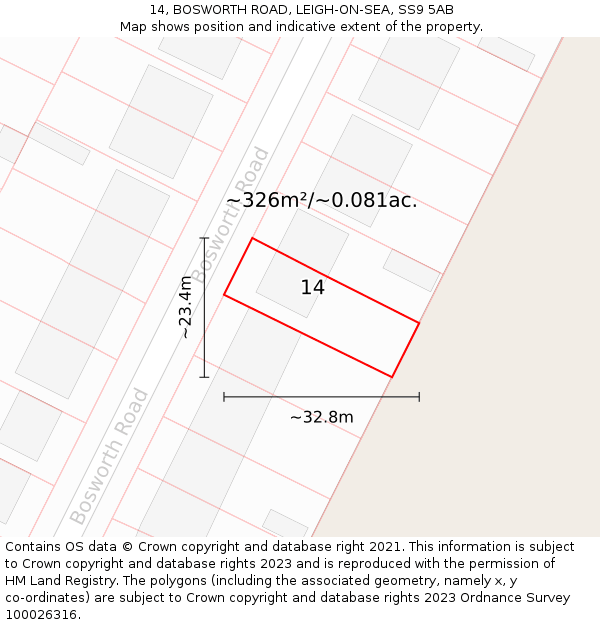 14, BOSWORTH ROAD, LEIGH-ON-SEA, SS9 5AB: Plot and title map