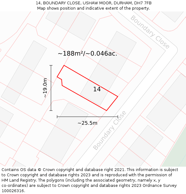 14, BOUNDARY CLOSE, USHAW MOOR, DURHAM, DH7 7FB: Plot and title map