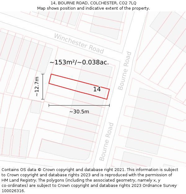 14, BOURNE ROAD, COLCHESTER, CO2 7LQ: Plot and title map