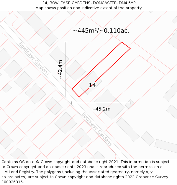 14, BOWLEASE GARDENS, DONCASTER, DN4 6AP: Plot and title map