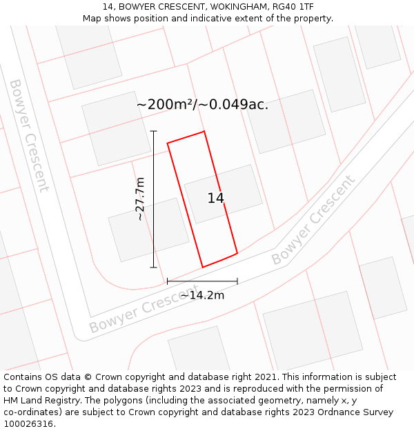 14, BOWYER CRESCENT, WOKINGHAM, RG40 1TF: Plot and title map