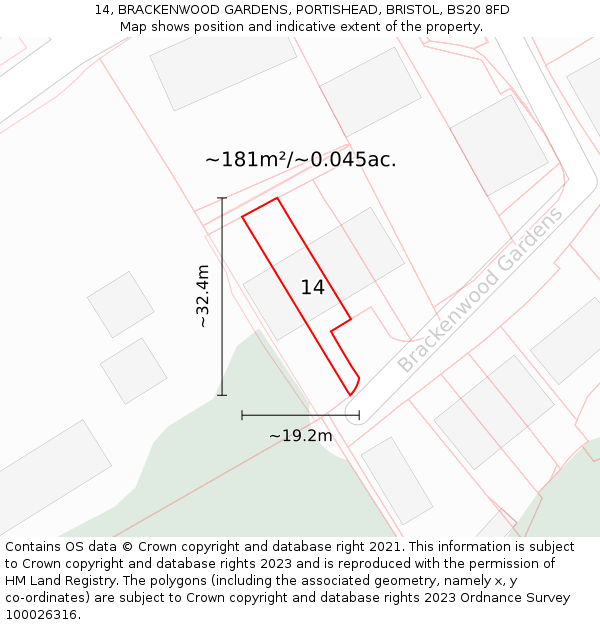 14, BRACKENWOOD GARDENS, PORTISHEAD, BRISTOL, BS20 8FD: Plot and title map