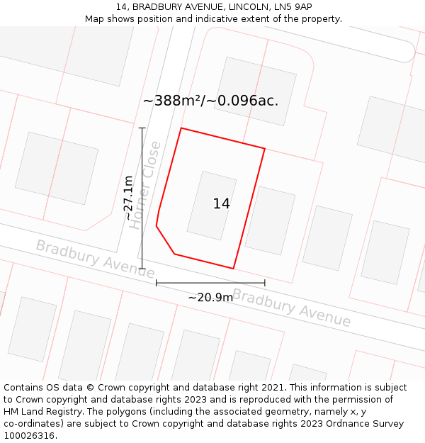 14, BRADBURY AVENUE, LINCOLN, LN5 9AP: Plot and title map