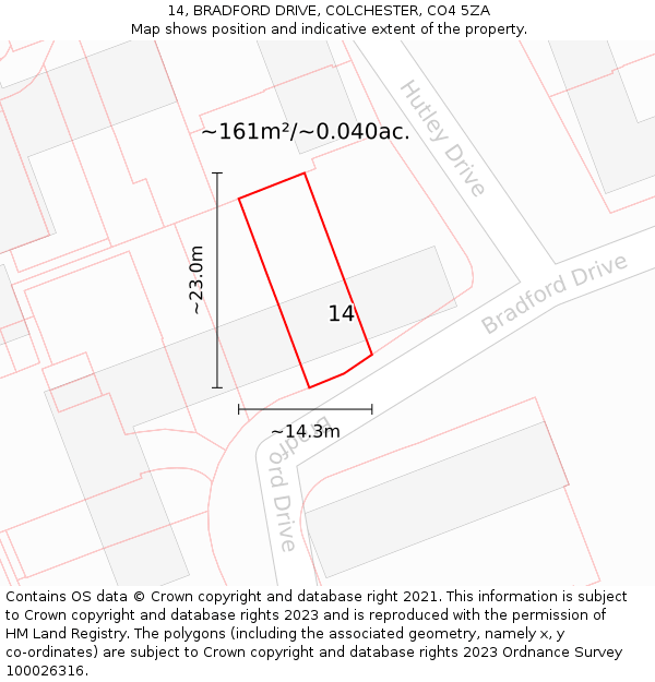 14, BRADFORD DRIVE, COLCHESTER, CO4 5ZA: Plot and title map