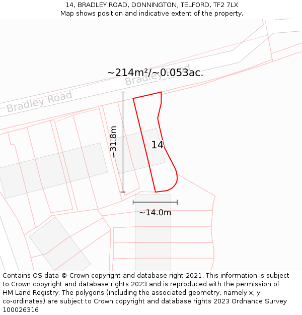 14, BRADLEY ROAD, DONNINGTON, TELFORD, TF2 7LX: Plot and title map