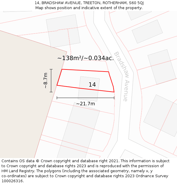 14, BRADSHAW AVENUE, TREETON, ROTHERHAM, S60 5QJ: Plot and title map