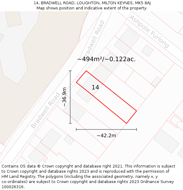 14, BRADWELL ROAD, LOUGHTON, MILTON KEYNES, MK5 8AJ: Plot and title map