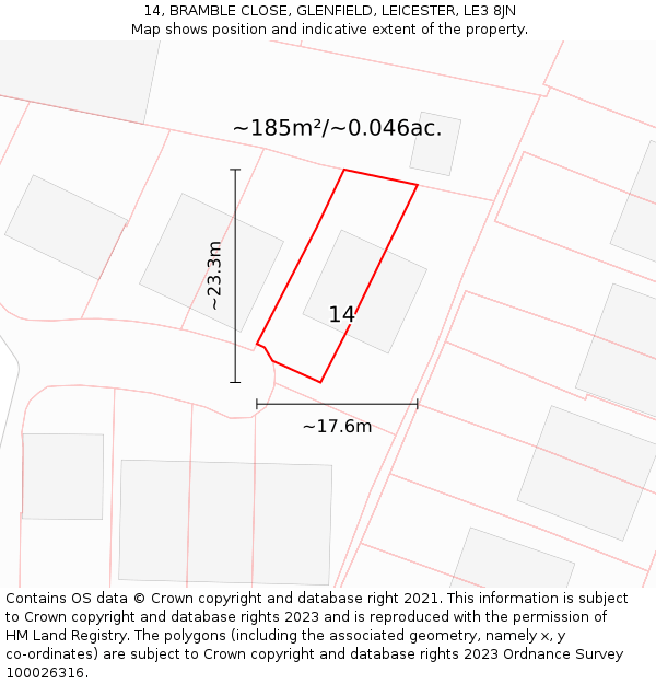 14, BRAMBLE CLOSE, GLENFIELD, LEICESTER, LE3 8JN: Plot and title map