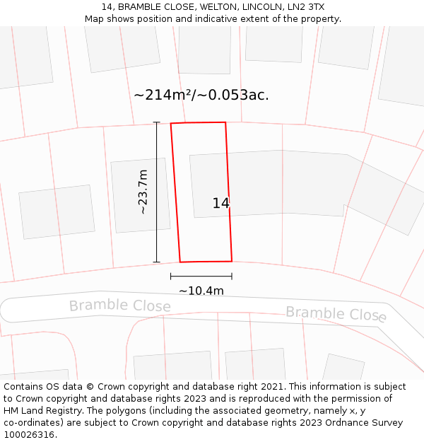 14, BRAMBLE CLOSE, WELTON, LINCOLN, LN2 3TX: Plot and title map