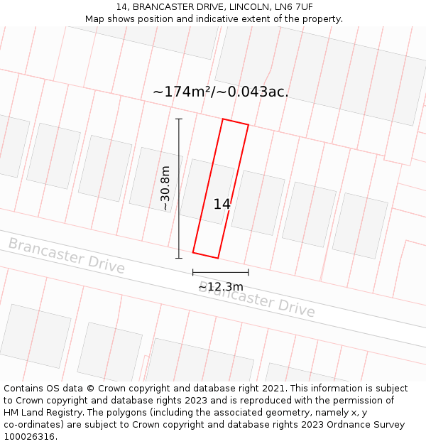 14, BRANCASTER DRIVE, LINCOLN, LN6 7UF: Plot and title map