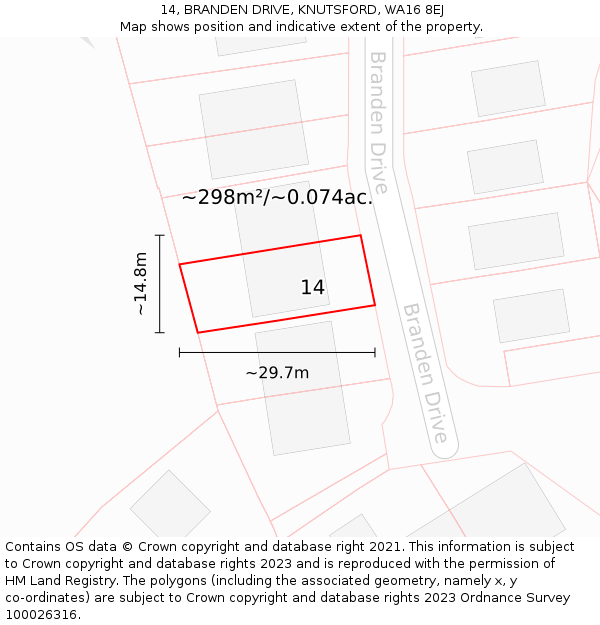 14, BRANDEN DRIVE, KNUTSFORD, WA16 8EJ: Plot and title map