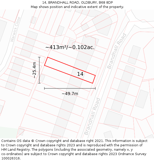 14, BRANDHALL ROAD, OLDBURY, B68 8DP: Plot and title map