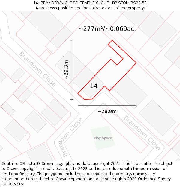 14, BRANDOWN CLOSE, TEMPLE CLOUD, BRISTOL, BS39 5EJ: Plot and title map