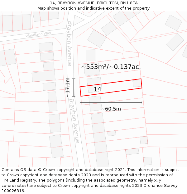 14, BRAYBON AVENUE, BRIGHTON, BN1 8EA: Plot and title map