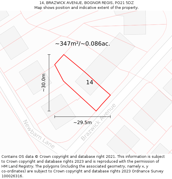 14, BRAZWICK AVENUE, BOGNOR REGIS, PO21 5DZ: Plot and title map