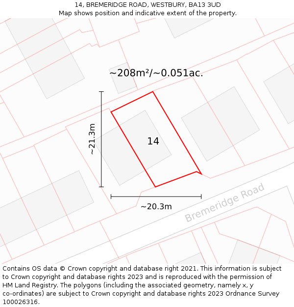 14, BREMERIDGE ROAD, WESTBURY, BA13 3UD: Plot and title map