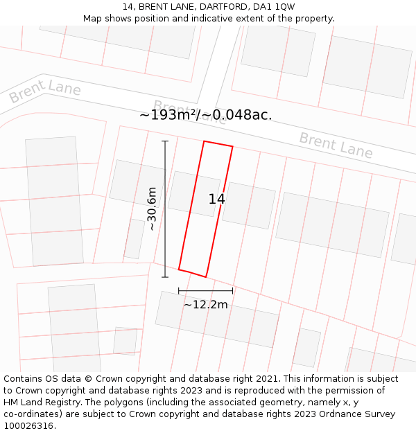 14, BRENT LANE, DARTFORD, DA1 1QW: Plot and title map