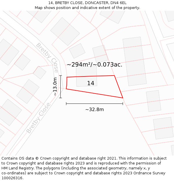 14, BRETBY CLOSE, DONCASTER, DN4 6EL: Plot and title map