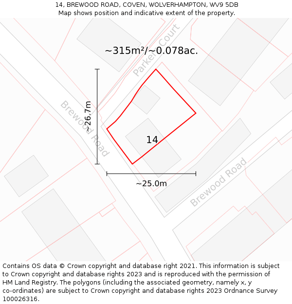 14, BREWOOD ROAD, COVEN, WOLVERHAMPTON, WV9 5DB: Plot and title map