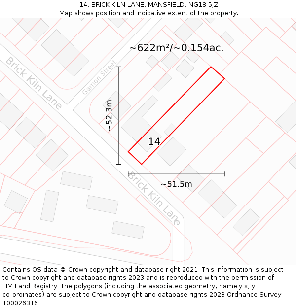 14, BRICK KILN LANE, MANSFIELD, NG18 5JZ: Plot and title map