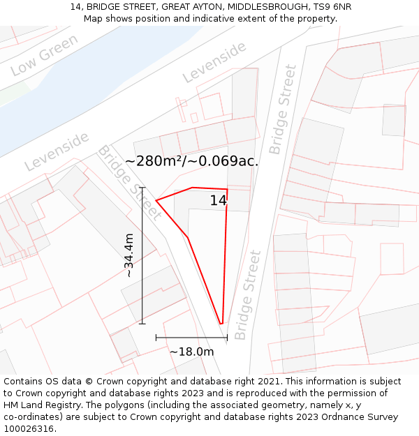 14, BRIDGE STREET, GREAT AYTON, MIDDLESBROUGH, TS9 6NR: Plot and title map