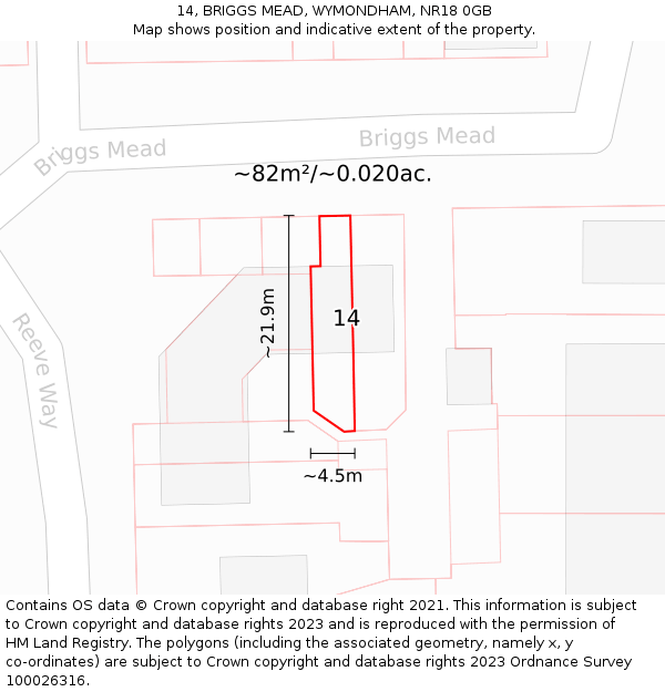 14, BRIGGS MEAD, WYMONDHAM, NR18 0GB: Plot and title map