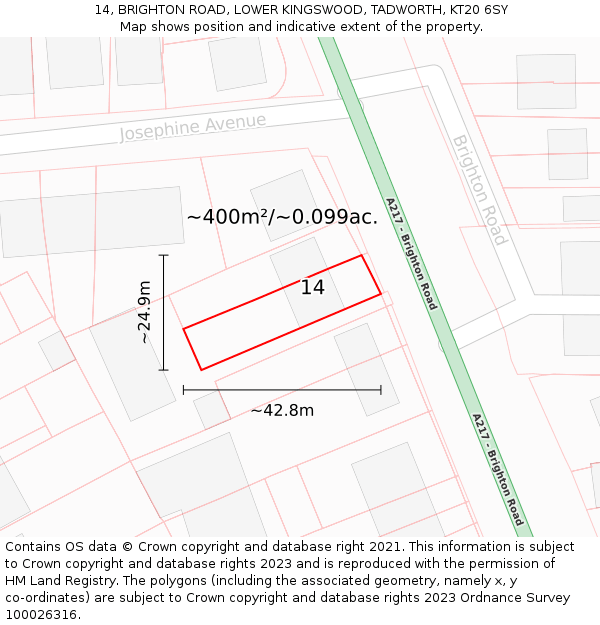 14, BRIGHTON ROAD, LOWER KINGSWOOD, TADWORTH, KT20 6SY: Plot and title map