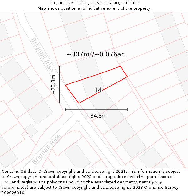 14, BRIGNALL RISE, SUNDERLAND, SR3 1PS: Plot and title map