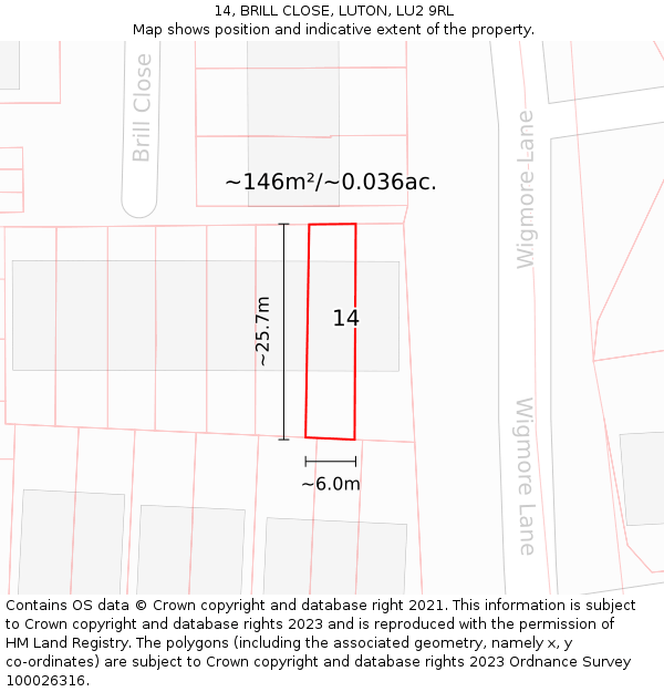 14, BRILL CLOSE, LUTON, LU2 9RL: Plot and title map