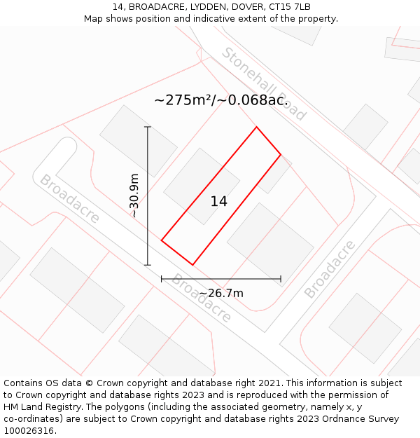 14, BROADACRE, LYDDEN, DOVER, CT15 7LB: Plot and title map