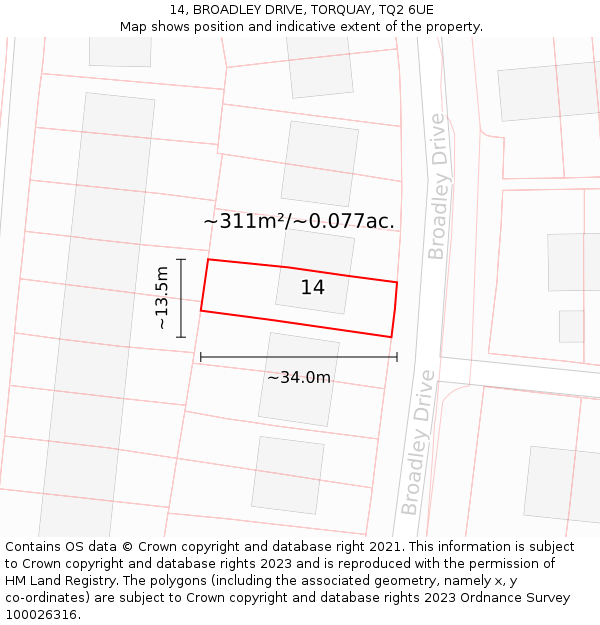 14, BROADLEY DRIVE, TORQUAY, TQ2 6UE: Plot and title map