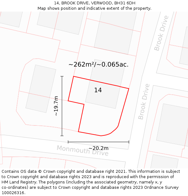 14, BROOK DRIVE, VERWOOD, BH31 6DH: Plot and title map