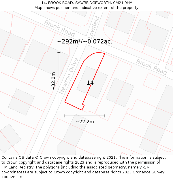 14, BROOK ROAD, SAWBRIDGEWORTH, CM21 9HA: Plot and title map