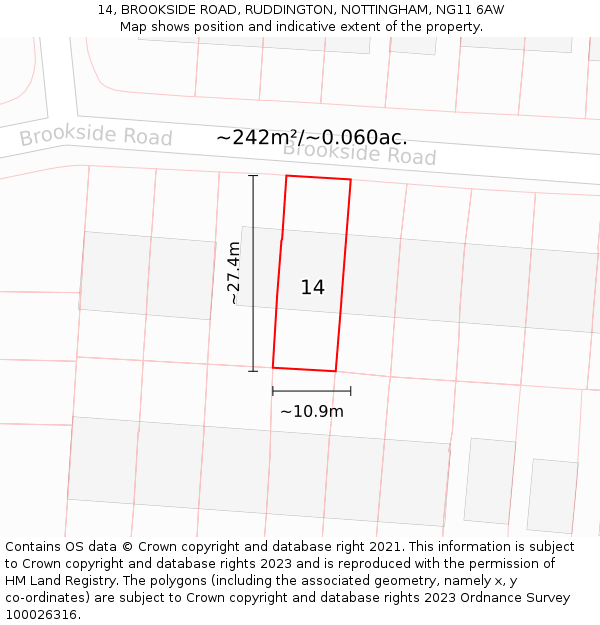 14, BROOKSIDE ROAD, RUDDINGTON, NOTTINGHAM, NG11 6AW: Plot and title map