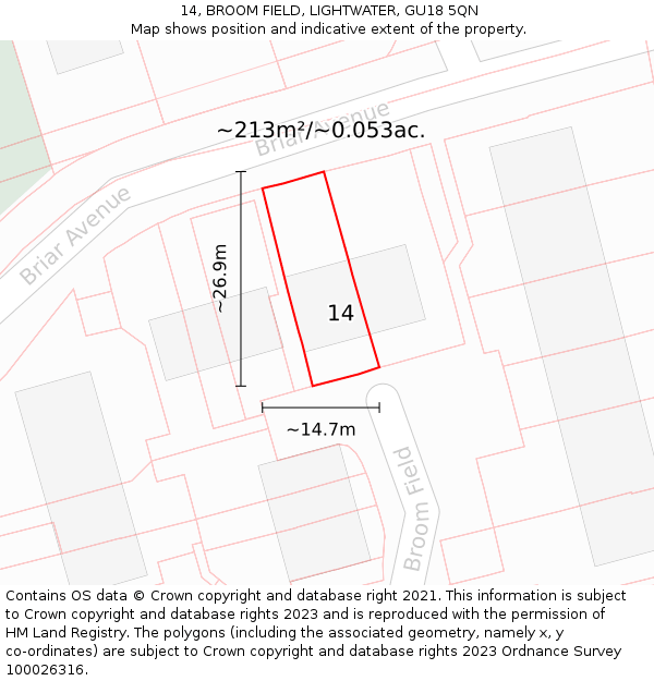 14, BROOM FIELD, LIGHTWATER, GU18 5QN: Plot and title map