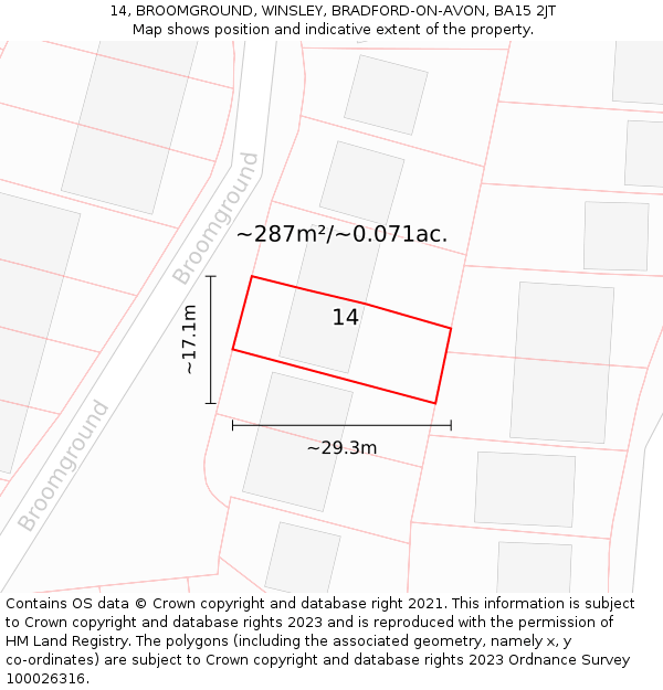 14, BROOMGROUND, WINSLEY, BRADFORD-ON-AVON, BA15 2JT: Plot and title map