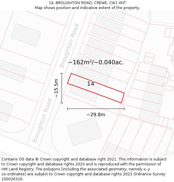 14, BROUGHTON ROAD, CREWE, CW1 4NT: Plot and title map