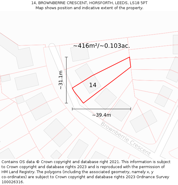 14, BROWNBERRIE CRESCENT, HORSFORTH, LEEDS, LS18 5PT: Plot and title map