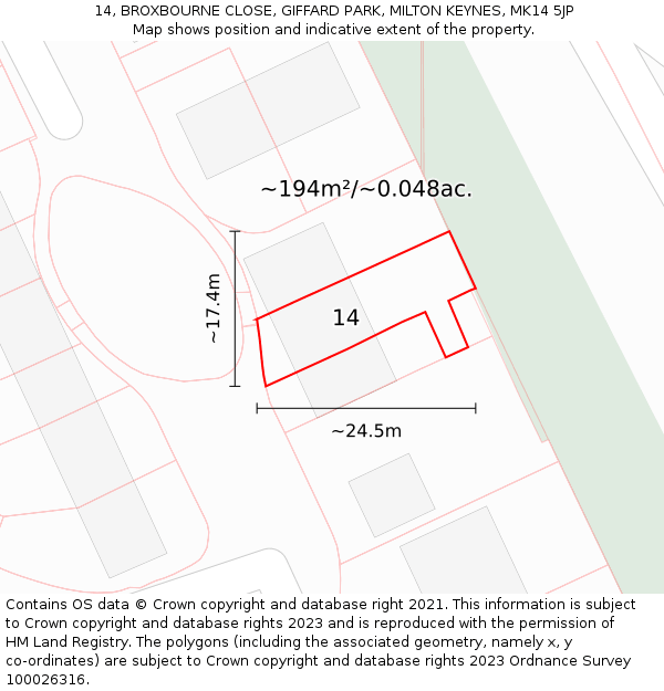 14, BROXBOURNE CLOSE, GIFFARD PARK, MILTON KEYNES, MK14 5JP: Plot and title map