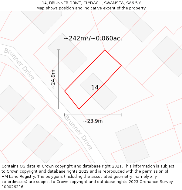 14, BRUNNER DRIVE, CLYDACH, SWANSEA, SA6 5JY: Plot and title map