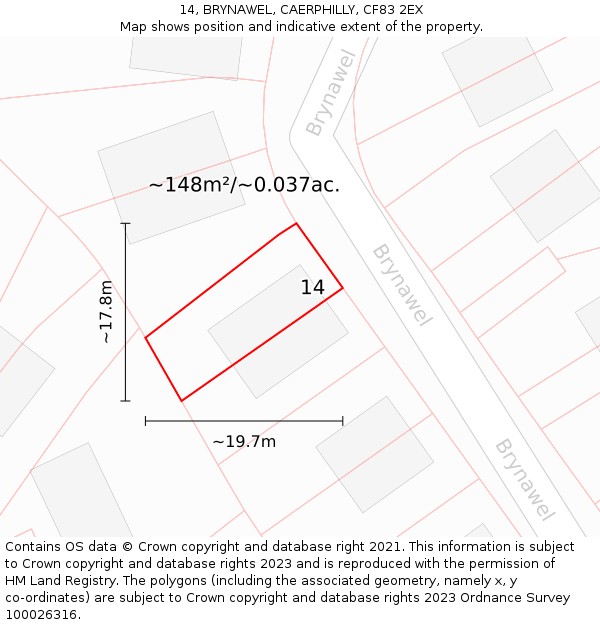 14, BRYNAWEL, CAERPHILLY, CF83 2EX: Plot and title map