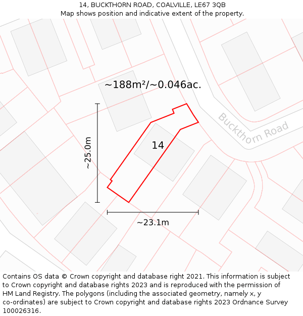 14, BUCKTHORN ROAD, COALVILLE, LE67 3QB: Plot and title map