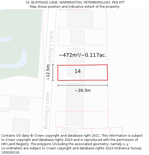 14, BUNTINGS LANE, WARMINGTON, PETERBOROUGH, PE8 6TT: Plot and title map