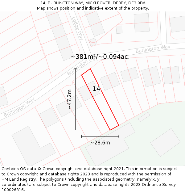 14, BURLINGTON WAY, MICKLEOVER, DERBY, DE3 9BA: Plot and title map