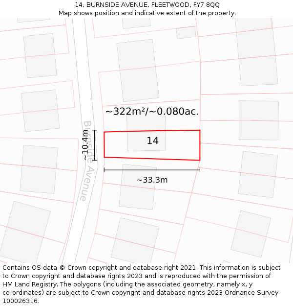 14, BURNSIDE AVENUE, FLEETWOOD, FY7 8QQ: Plot and title map