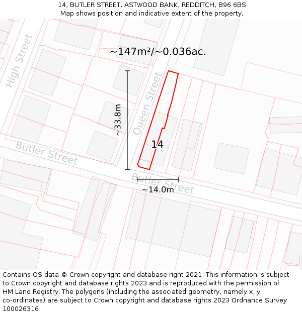 14, BUTLER STREET, ASTWOOD BANK, REDDITCH, B96 6BS: Plot and title map