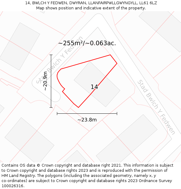 14, BWLCH Y FEDWEN, DWYRAN, LLANFAIRPWLLGWYNGYLL, LL61 6LZ: Plot and title map