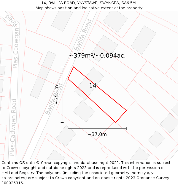 14, BWLLFA ROAD, YNYSTAWE, SWANSEA, SA6 5AL: Plot and title map